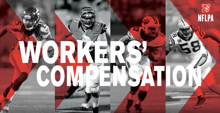 A series of football players with the text overlay "Workers' compensation".